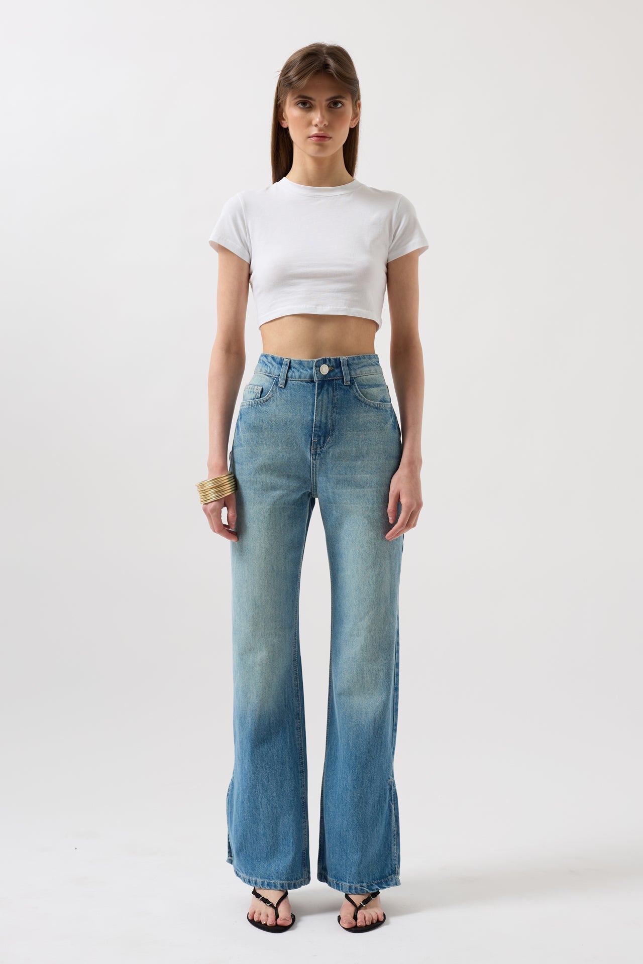 Slit Hem High Waist Blue Jeans