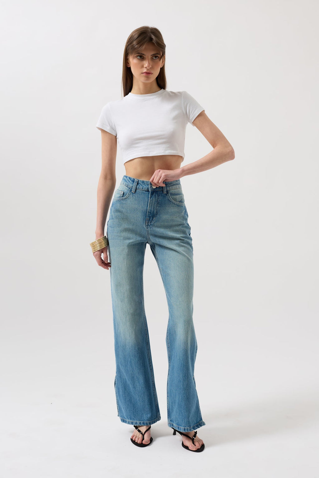 Slit Hem High Waist Blue Jeans