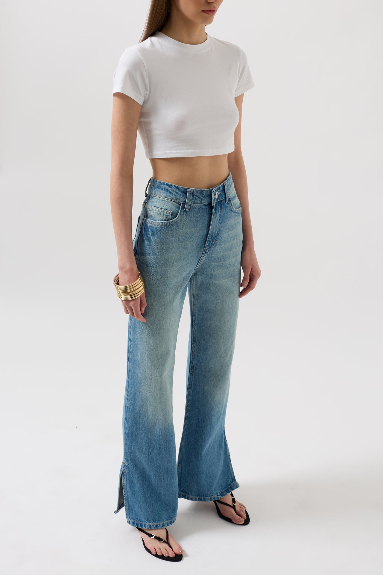 Slit Hem High Waist Blue Jeans