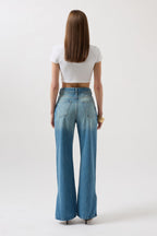 Slit Hem High Waist Blue Jeans