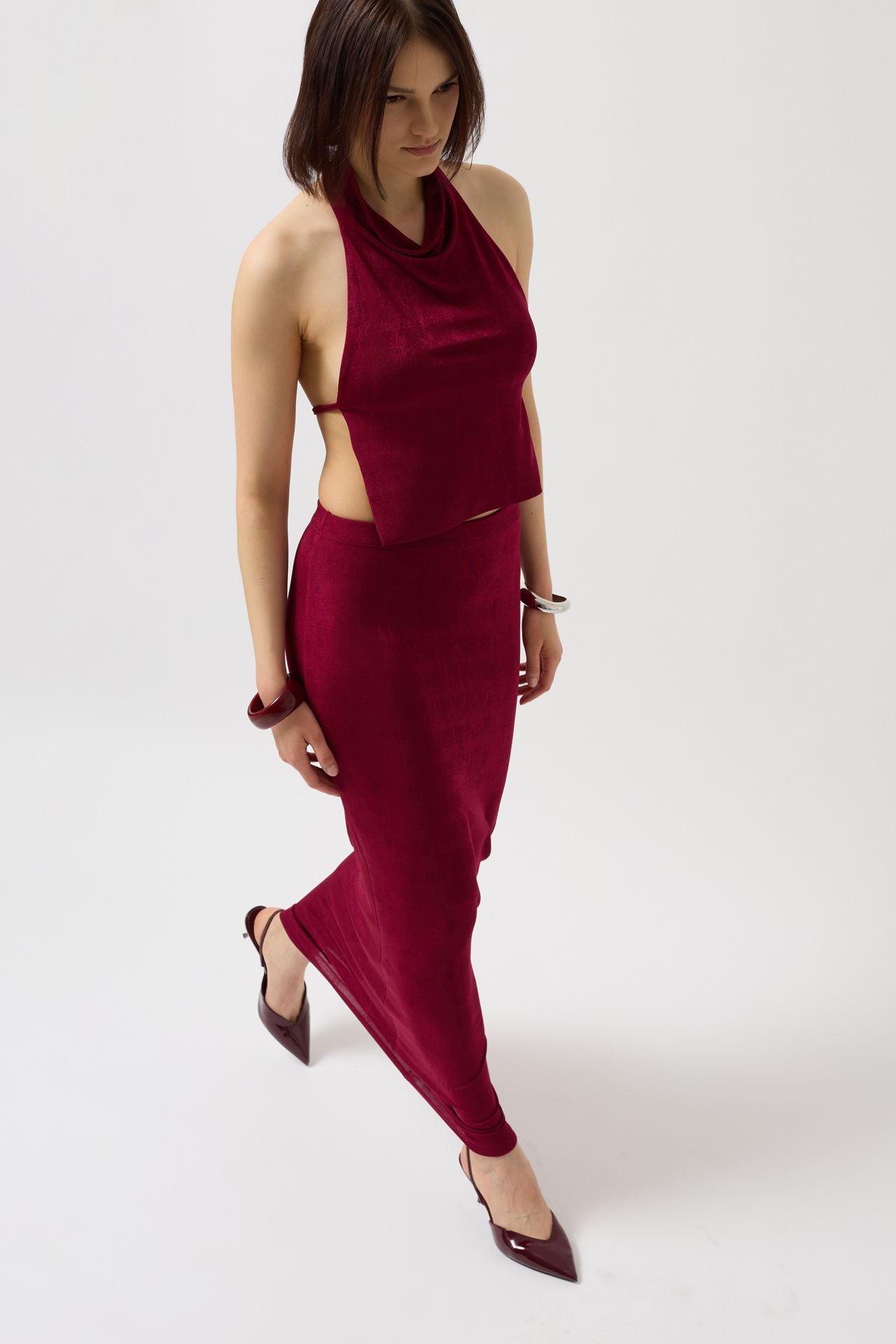 Shiny Fabric Maxi Burgundy Skirt