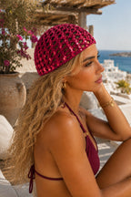 Sequined Knit Red Cap