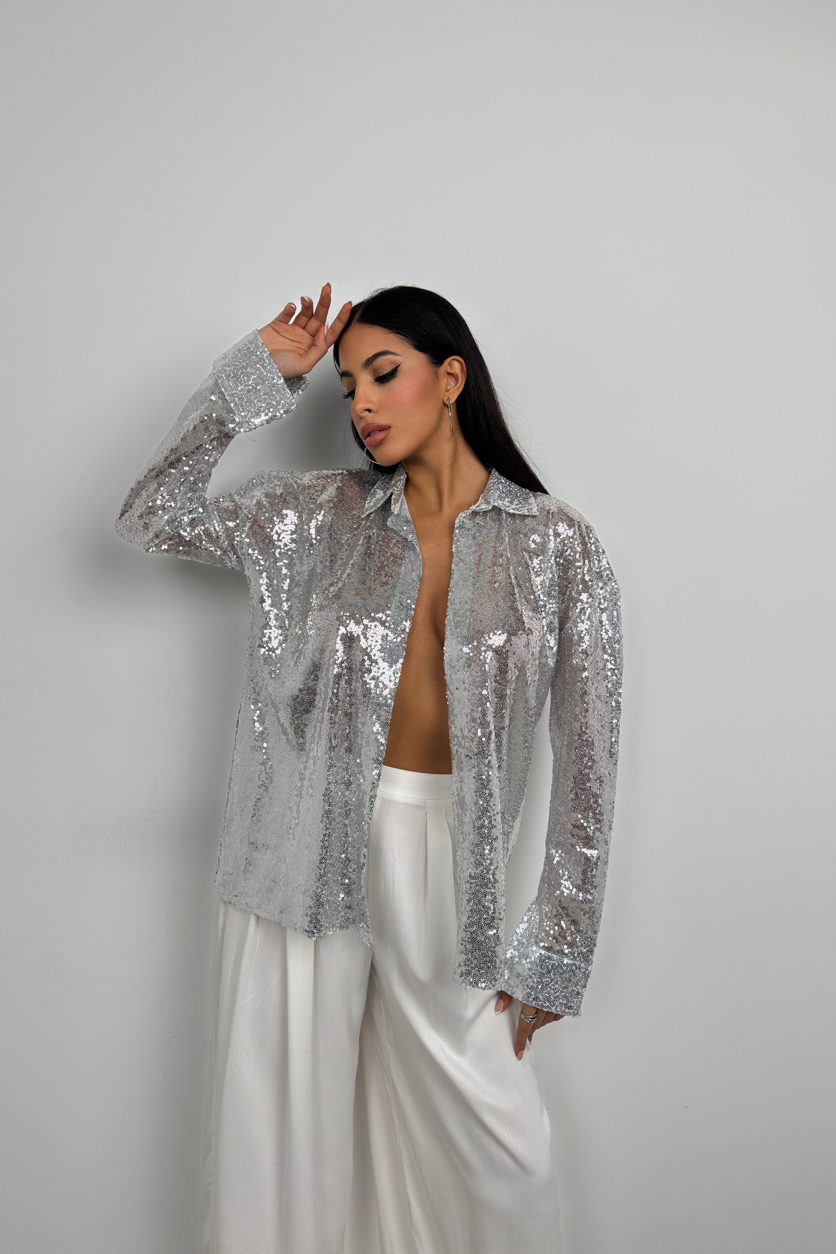 Sequined Silver Oversize Shirt