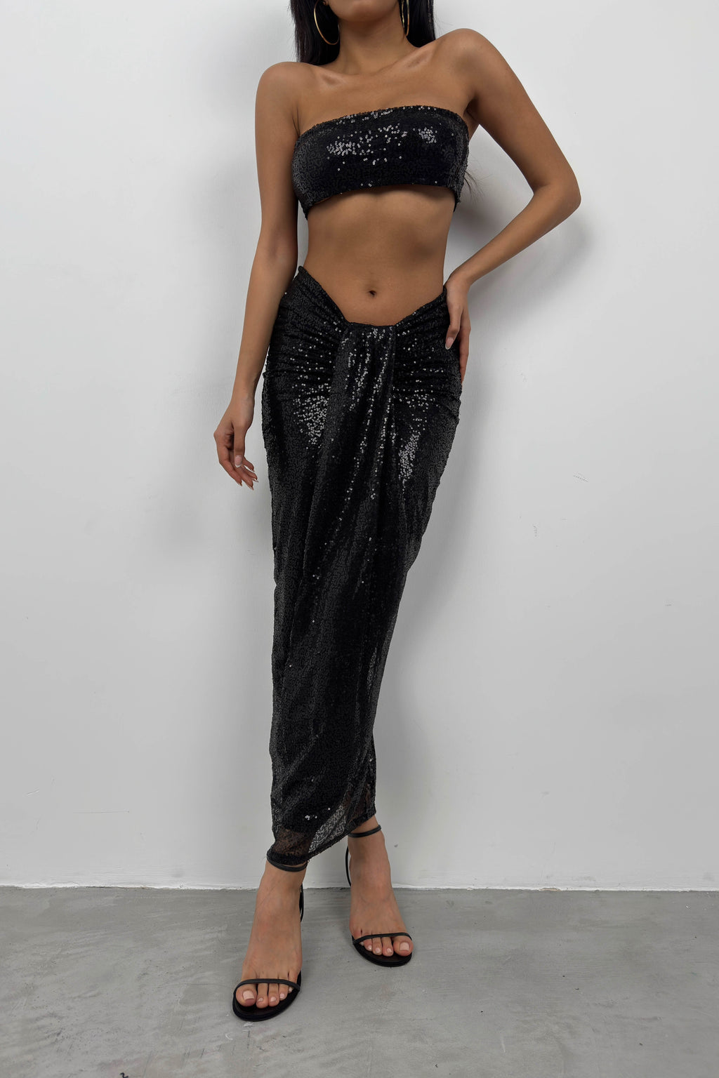 Sequin Strapless Black Crop Skirt Set