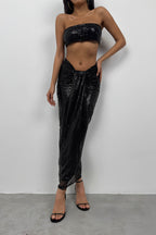 Sequin Strapless Black Crop Skirt Set
