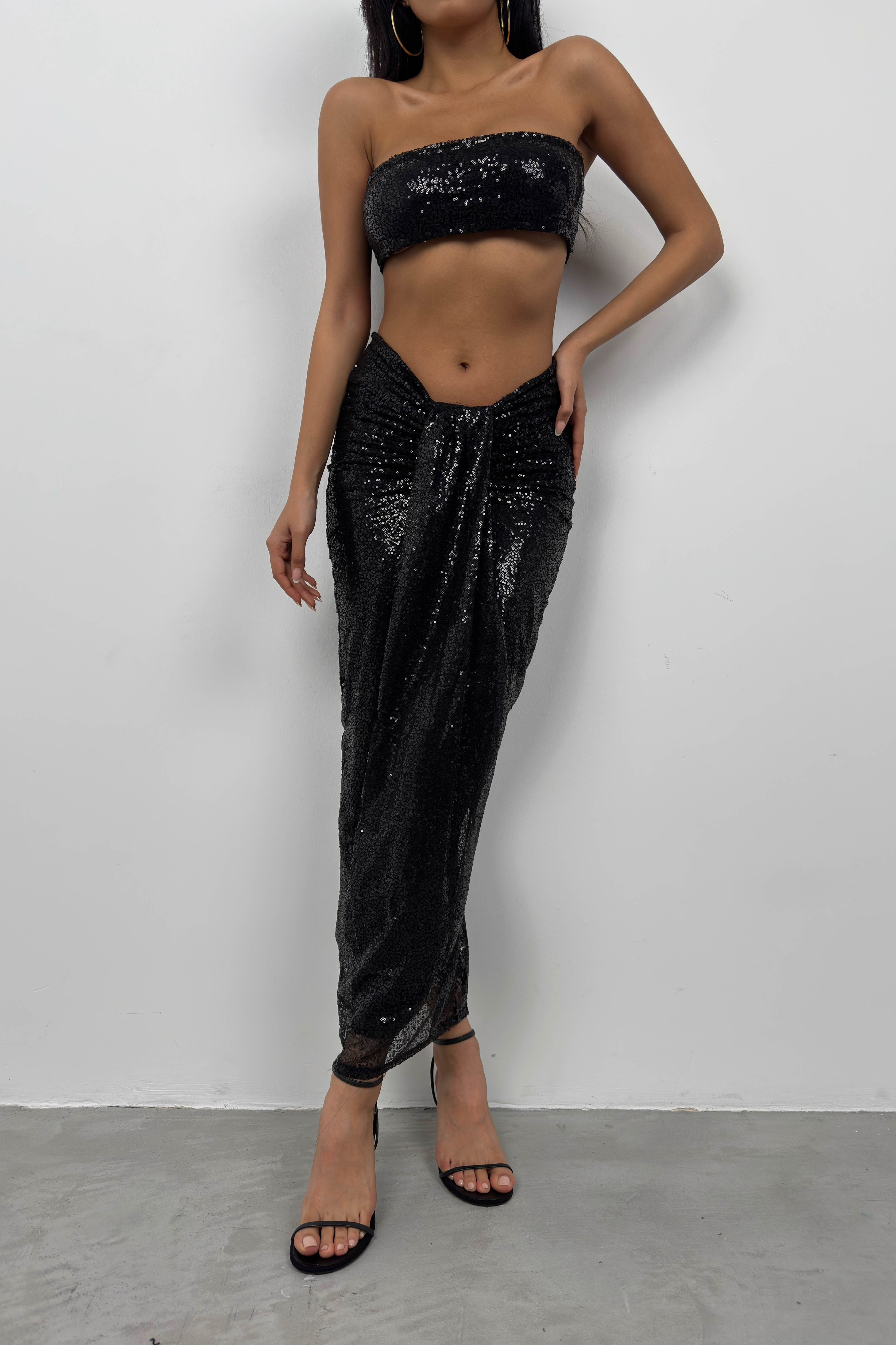 Sequin Strapless Black Crop Skirt Set