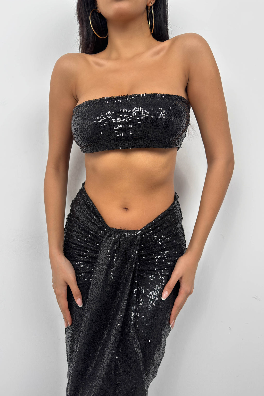 Sequin Strapless Black Crop Skirt Set