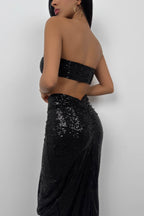 Sequin Strapless Black Crop Skirt Set