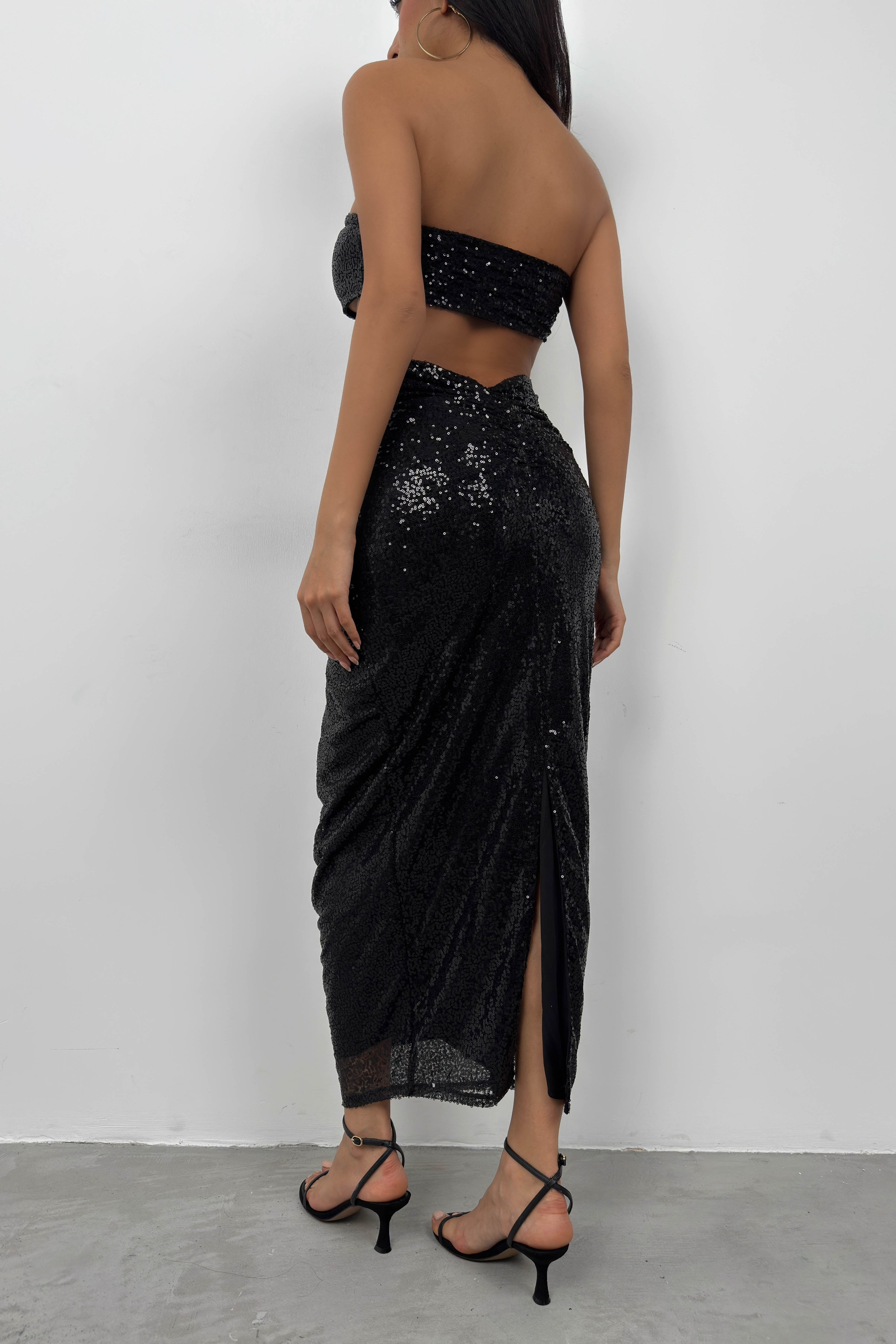 Sequin Strapless Black Crop Skirt Set