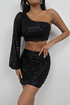 Sequin One Shoulder Blouse Black Mini Skirt Set