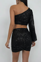 Sequin One Shoulder Blouse Black Mini Skirt Set