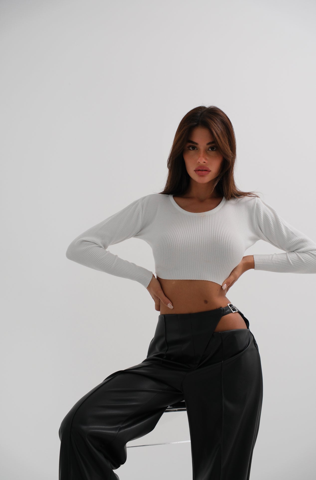 Window Detail Waistted Black Leather Pants