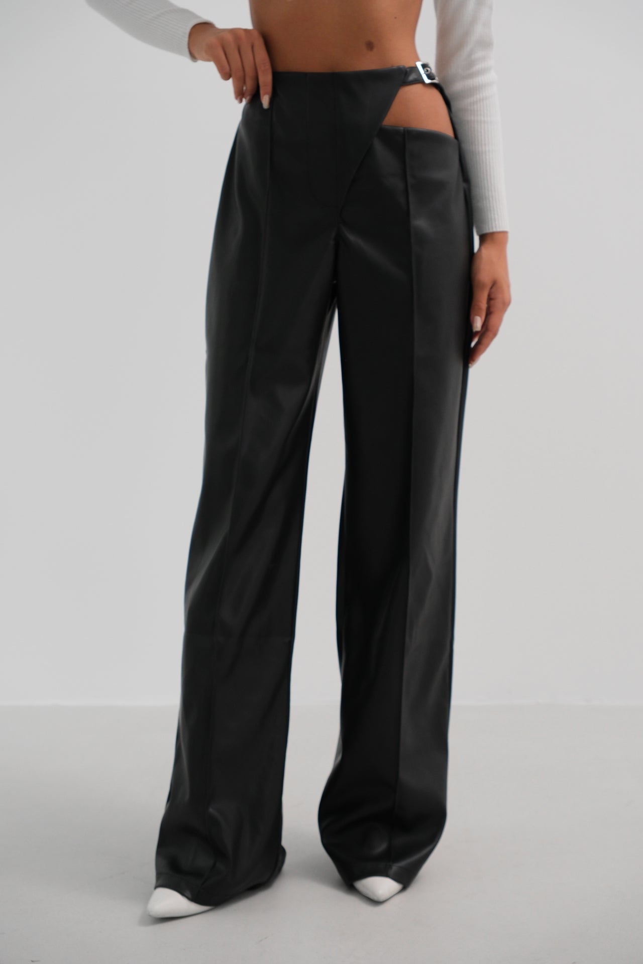 Window Detail Waistted Black Leather Pants