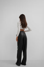 Window Detail Waistted Black Leather Pants