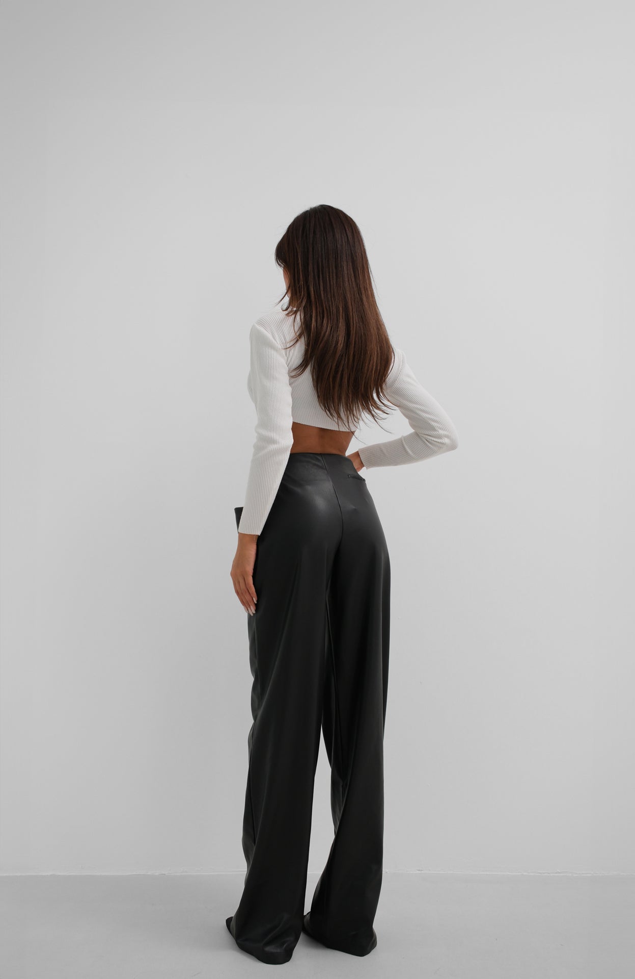 Window Detail Waistted Black Leather Pants