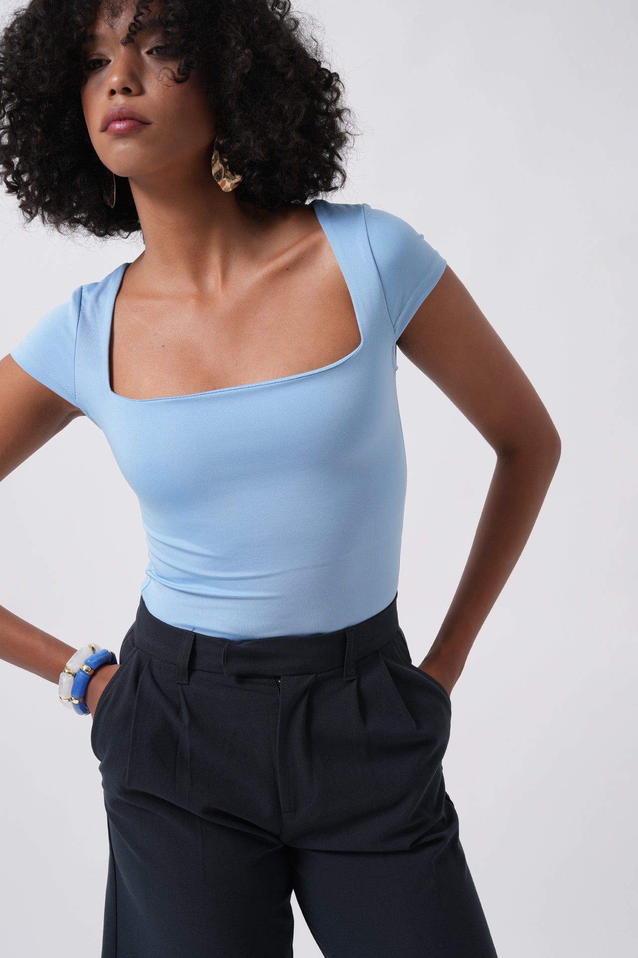 Window Detail Mini Cut-Out Baby Blue Blouse