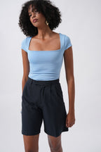Window Detail Mini Cut-Out Baby Blue Blouse