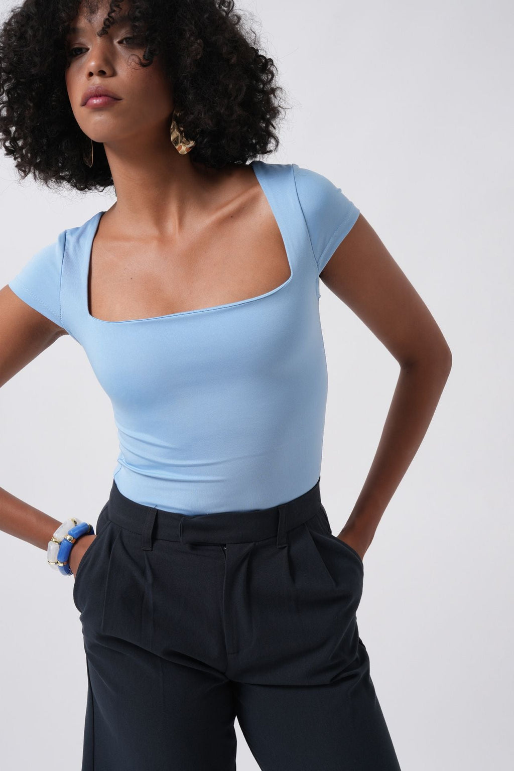 Window Detail Mini Cut-Out Baby Blue Blouse