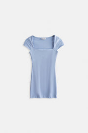 Window Detail Mini Low Cut Baby Blue Dress