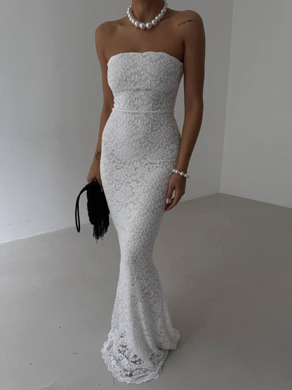 Strapless Lace Maxi Ecru Dress