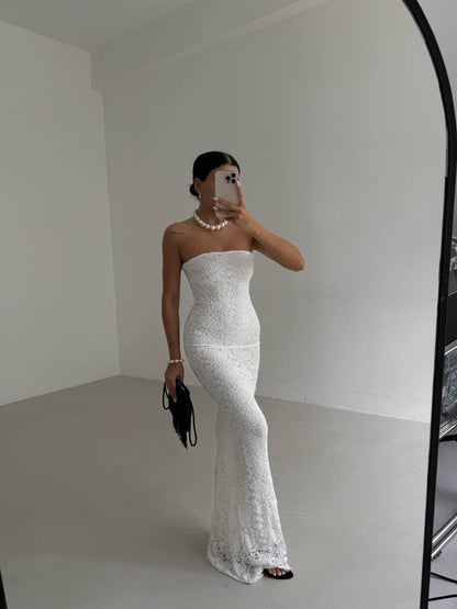Strapless Lace Maxi Ecru Dress