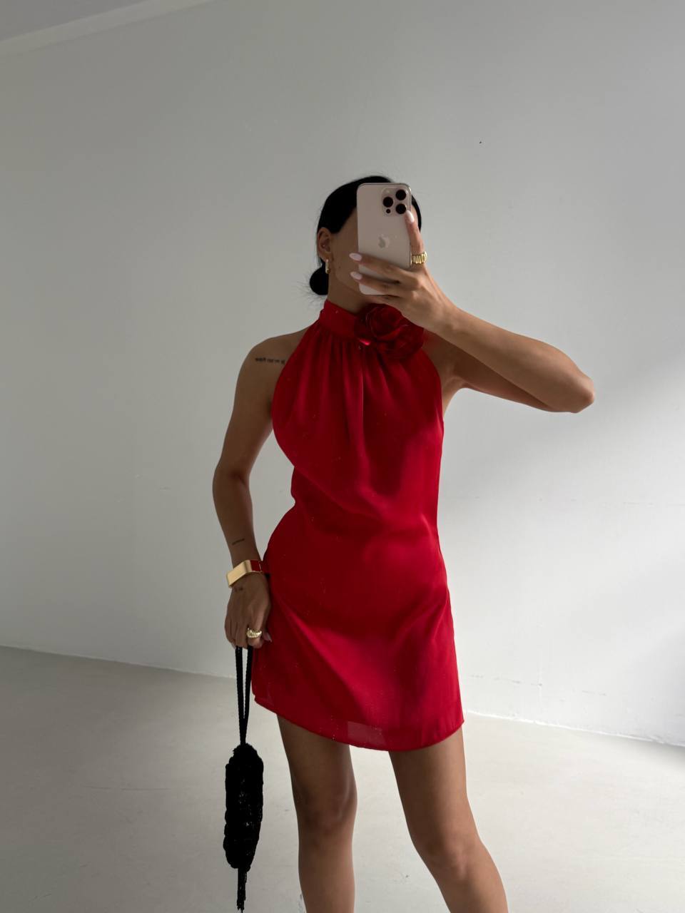 Rose Detail Mini Satin Red Dress