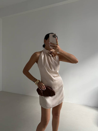 Rose Detail Mini Satin Beige Dress