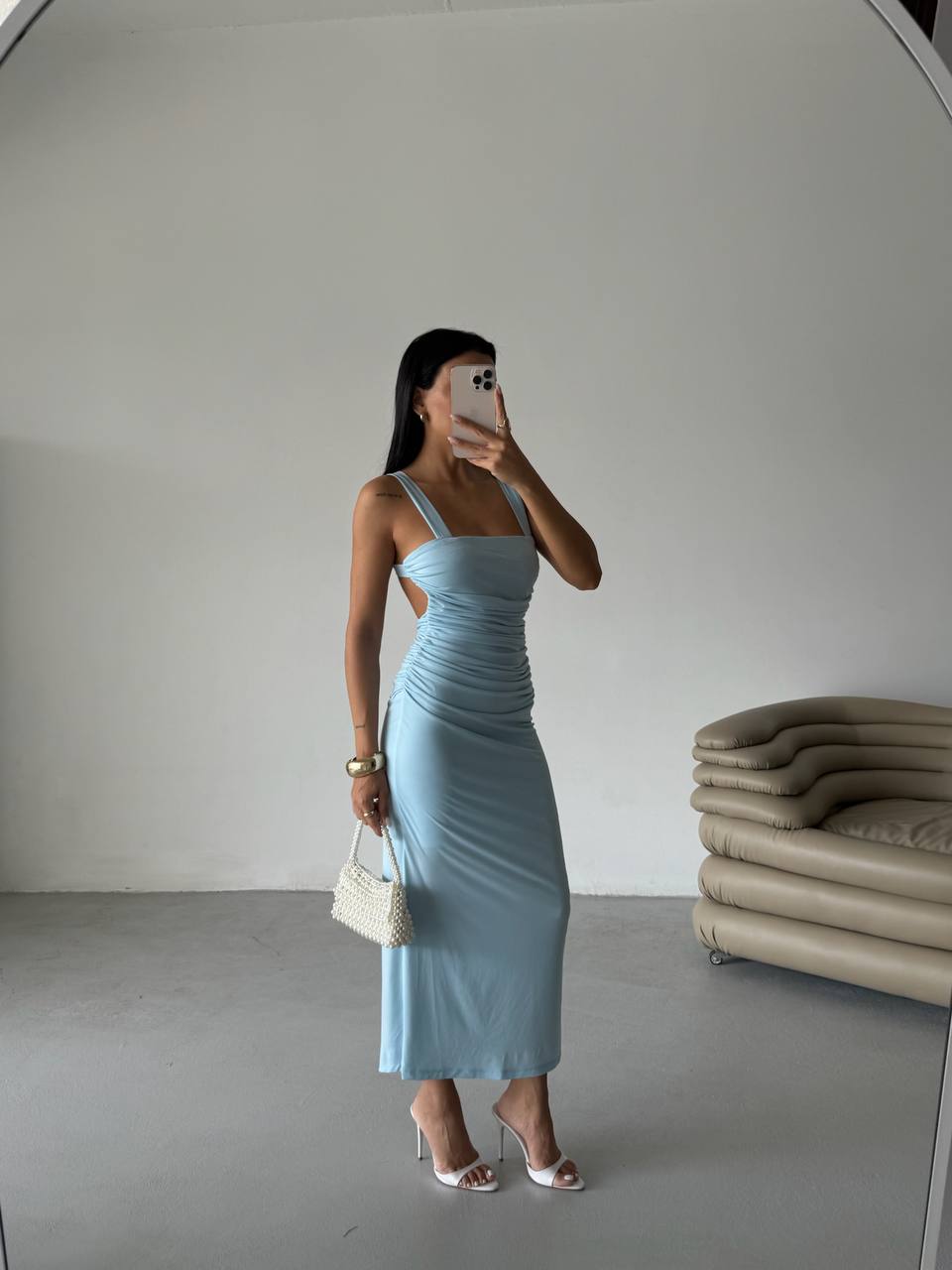 Slit Detail Backless Baby Blue Dress
