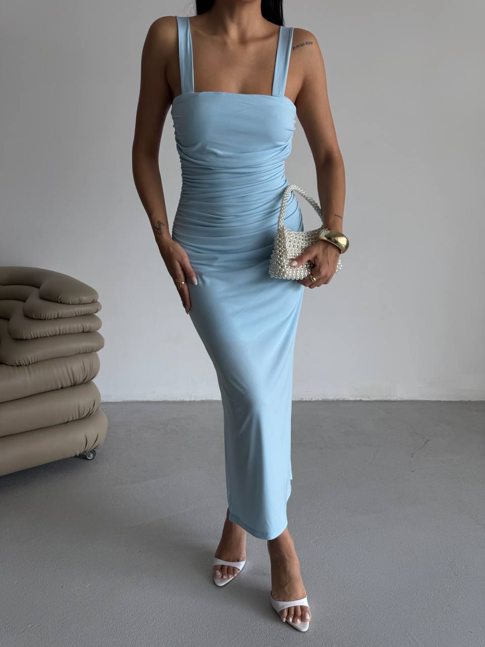 Slit Detail Backless Baby Blue Dress