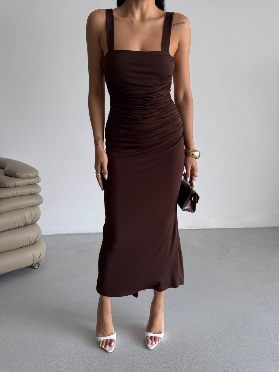 Slit Detail Backless Brown Dress