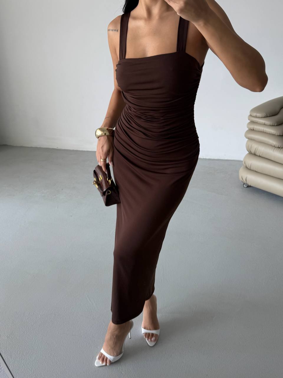 Slit Detail Backless Brown Dress