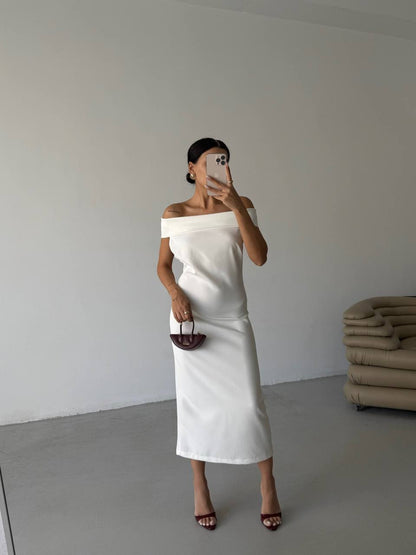 Shoulder Fold Detail Maxi White Dress