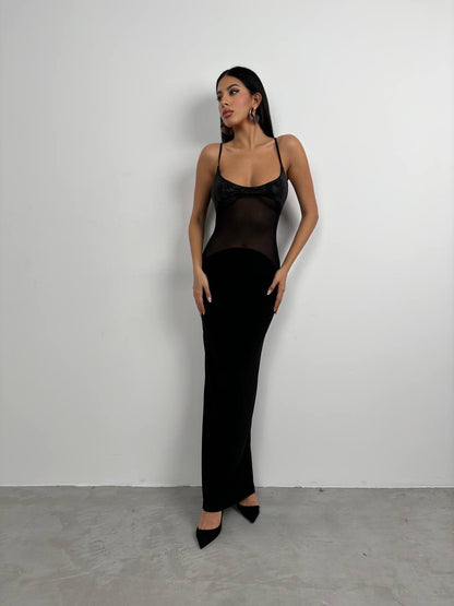 Tulle Garnished Sequined Black Maxi Dress