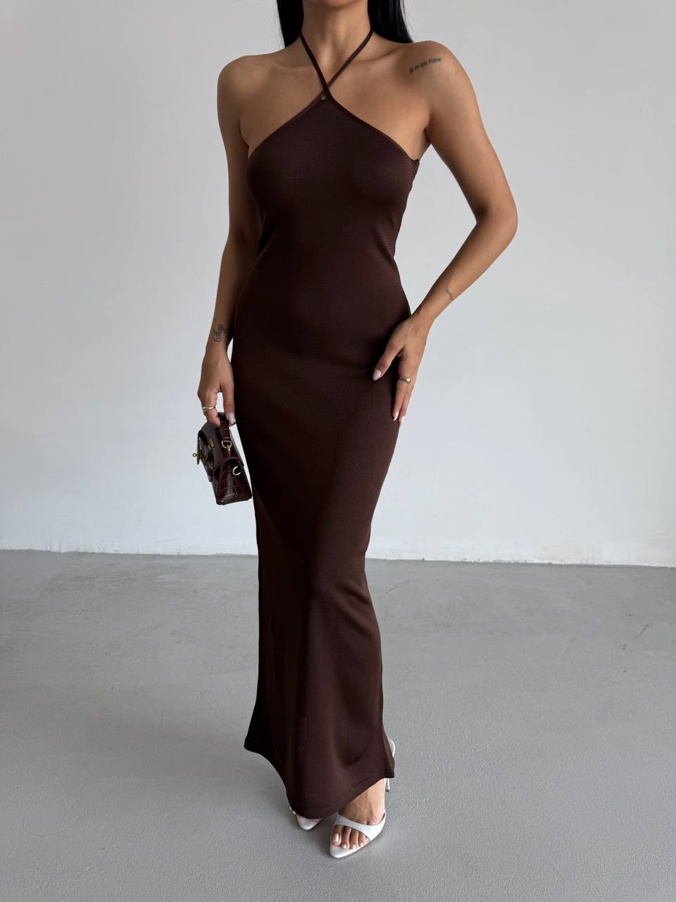 Cross Straps Maxi Brown Dress