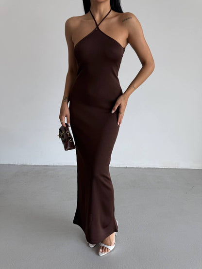 Cross Straps Maxi Brown Dress