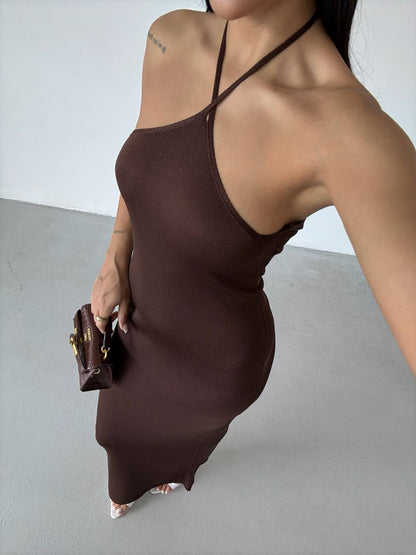 Cross Straps Maxi Brown Dress