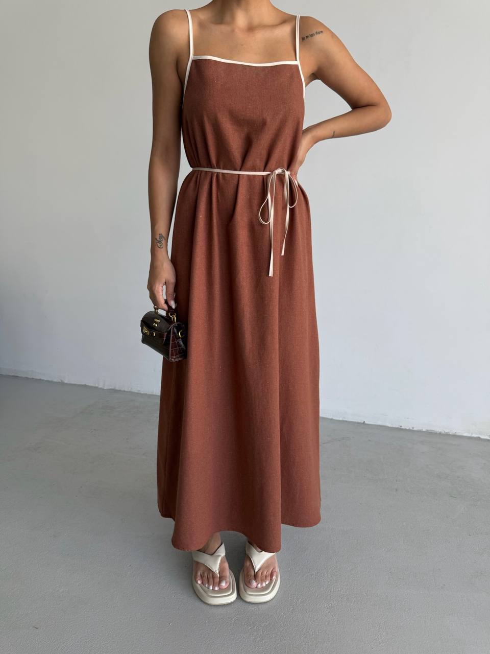 Stripe Detail Linen Maxi Brown Dress