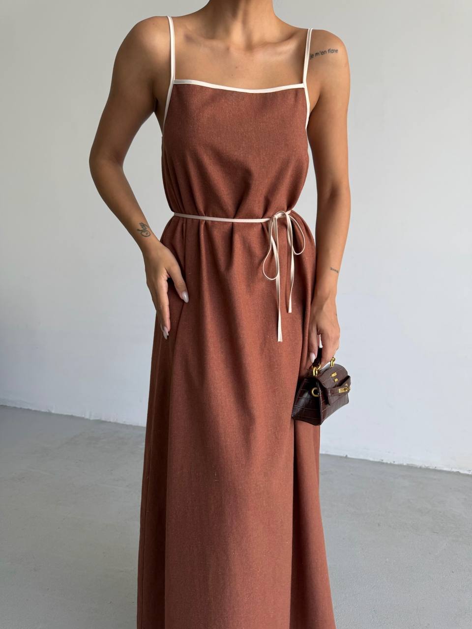 Stripe Detail Linen Maxi Brown Dress