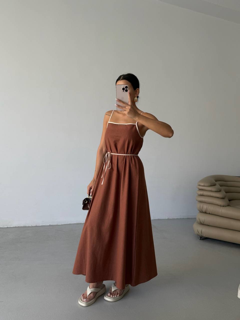 Stripe Detail Linen Maxi Brown Dress