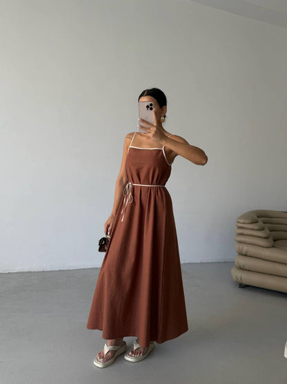 Stripe Detail Linen Maxi Brown Dress