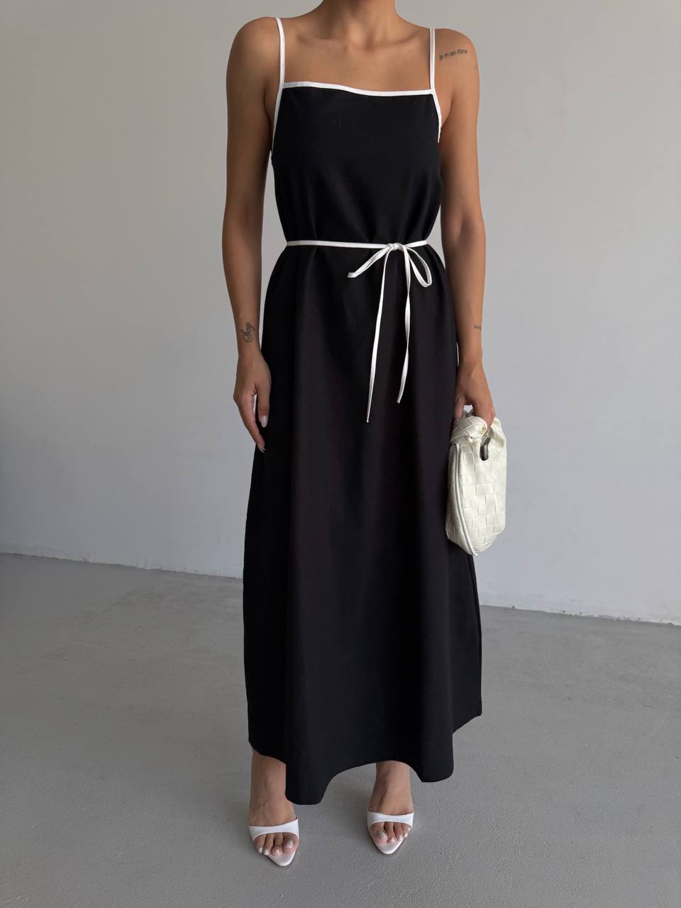 Stripe Detail Linen Maxi Black Dress