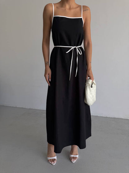 Stripe Detail Linen Maxi Black Dress