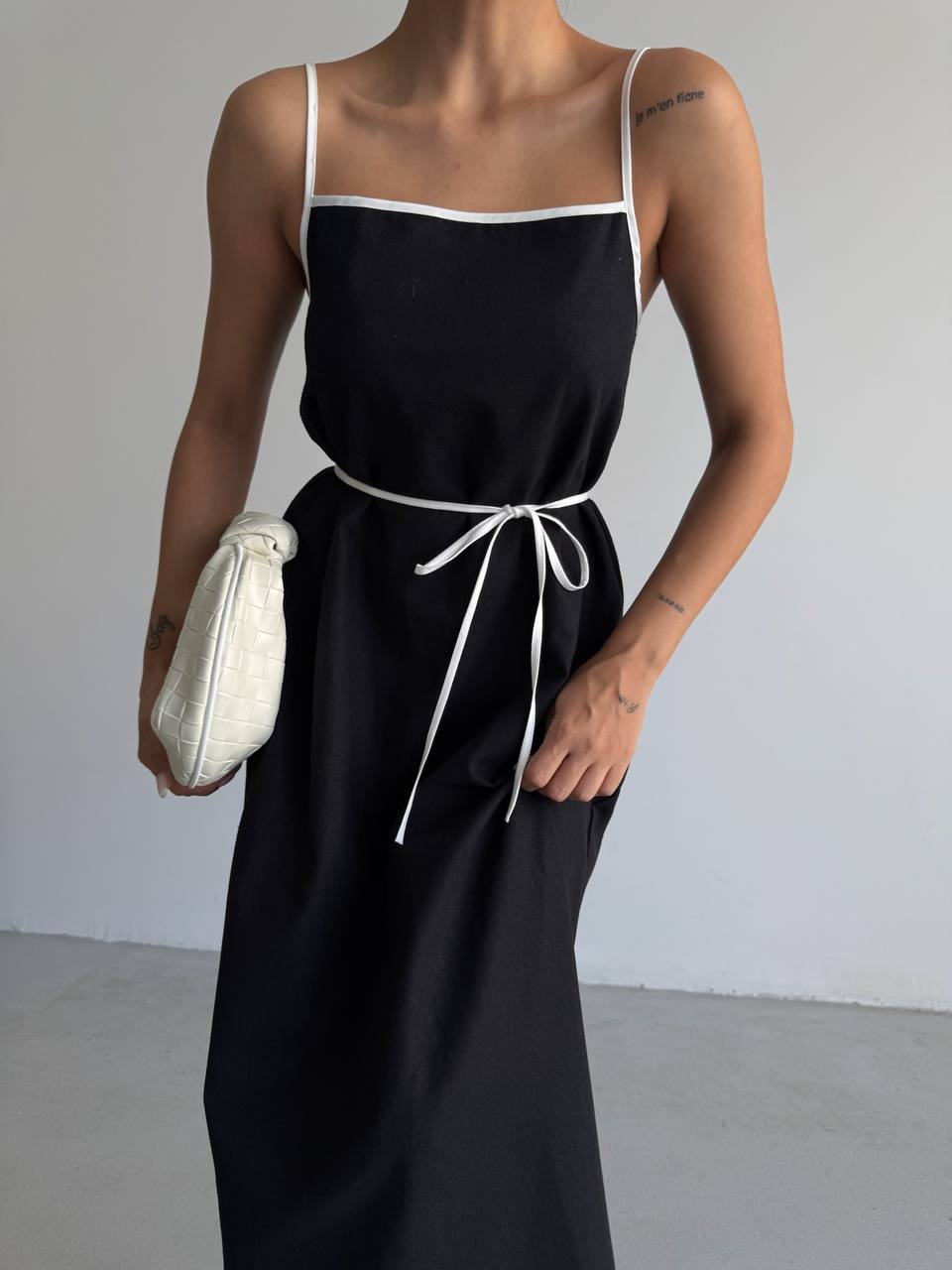 Stripe Detail Linen Maxi Black Dress