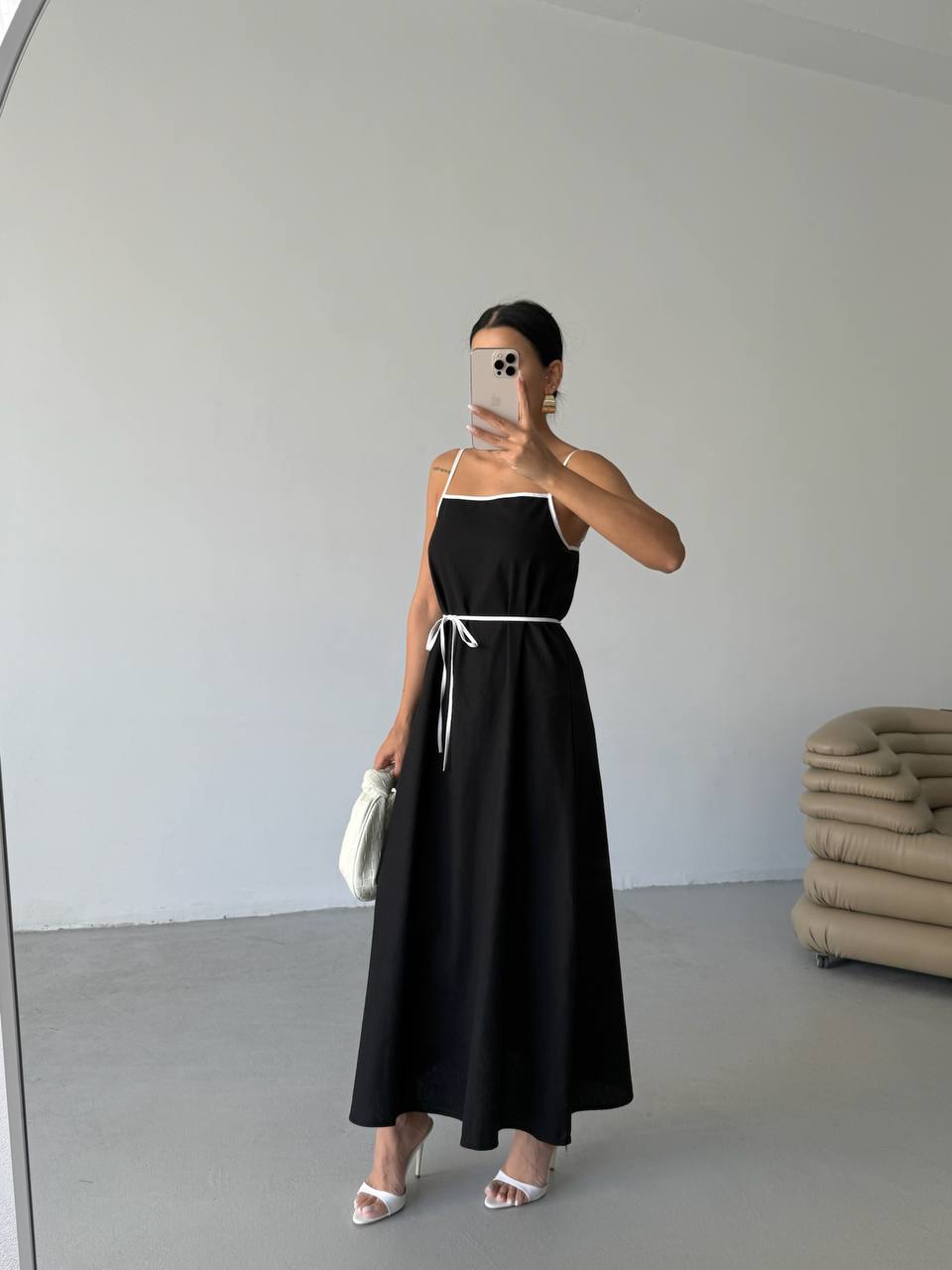 Stripe Detail Linen Maxi Black Dress