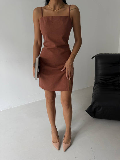 Slit Detailed Linen Mini Brown Dress with Rope Straps