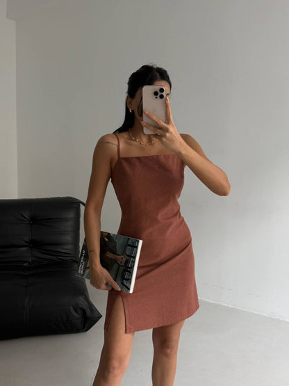 Slit Detailed Linen Mini Brown Dress with Rope Straps