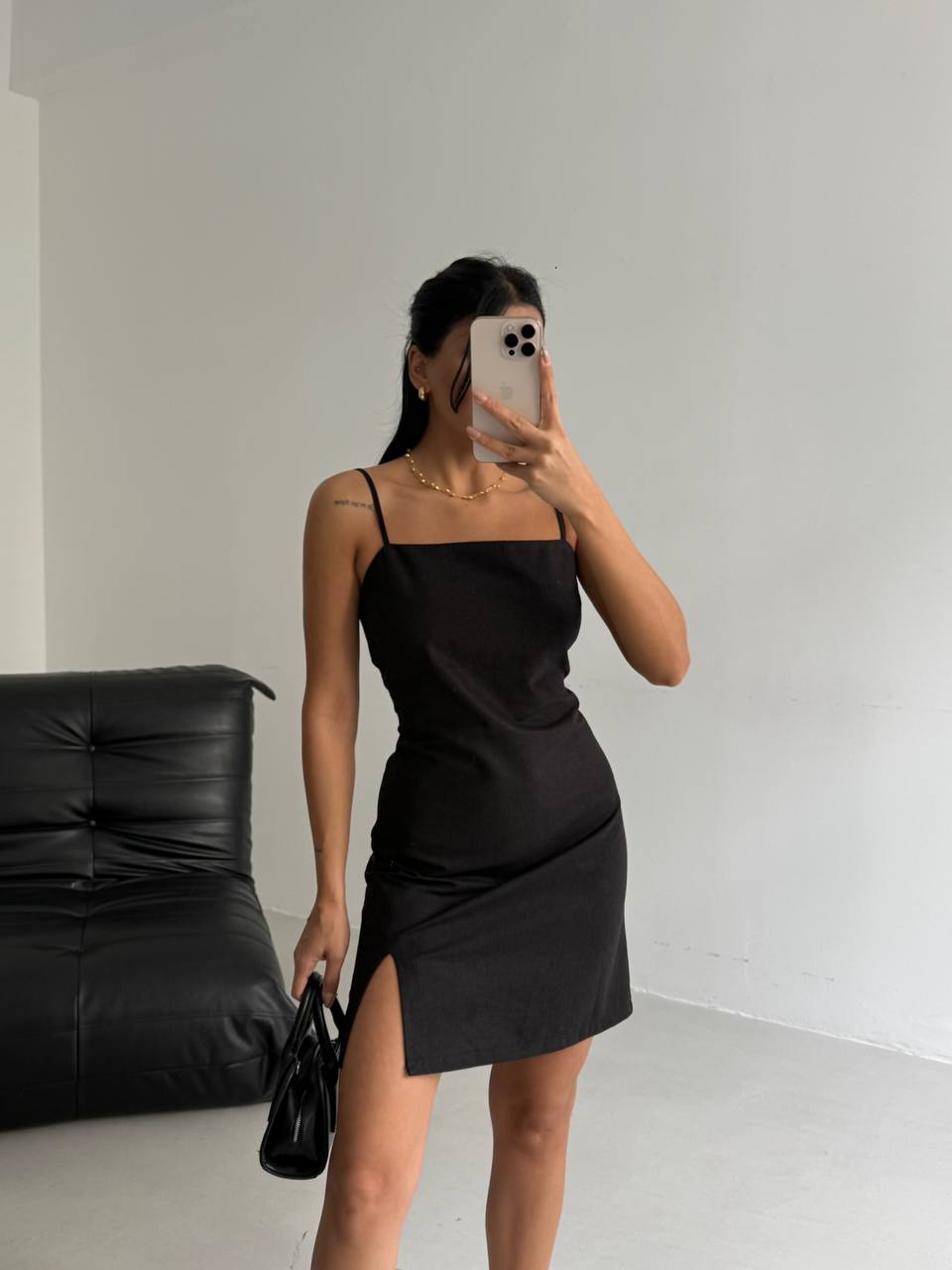 Slit Detailed Linen Mini Black Dress with Rope Straps