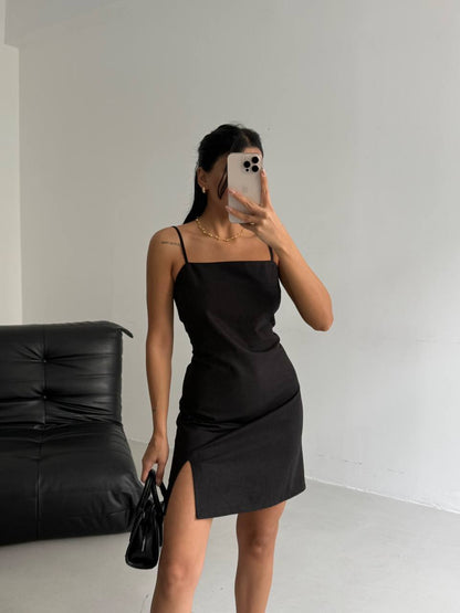 Slit Detailed Linen Mini Black Dress with Rope Straps