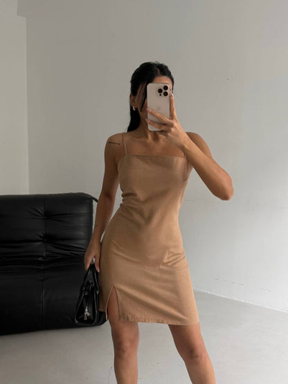 Slit Detail Linen Mini Stone Dress with Rope Straps