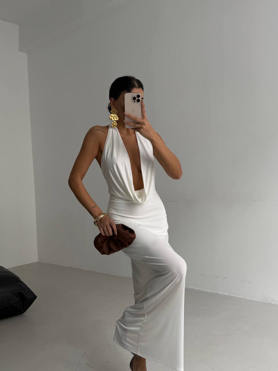 Draped Neckline Deep Cut Maxi Dress